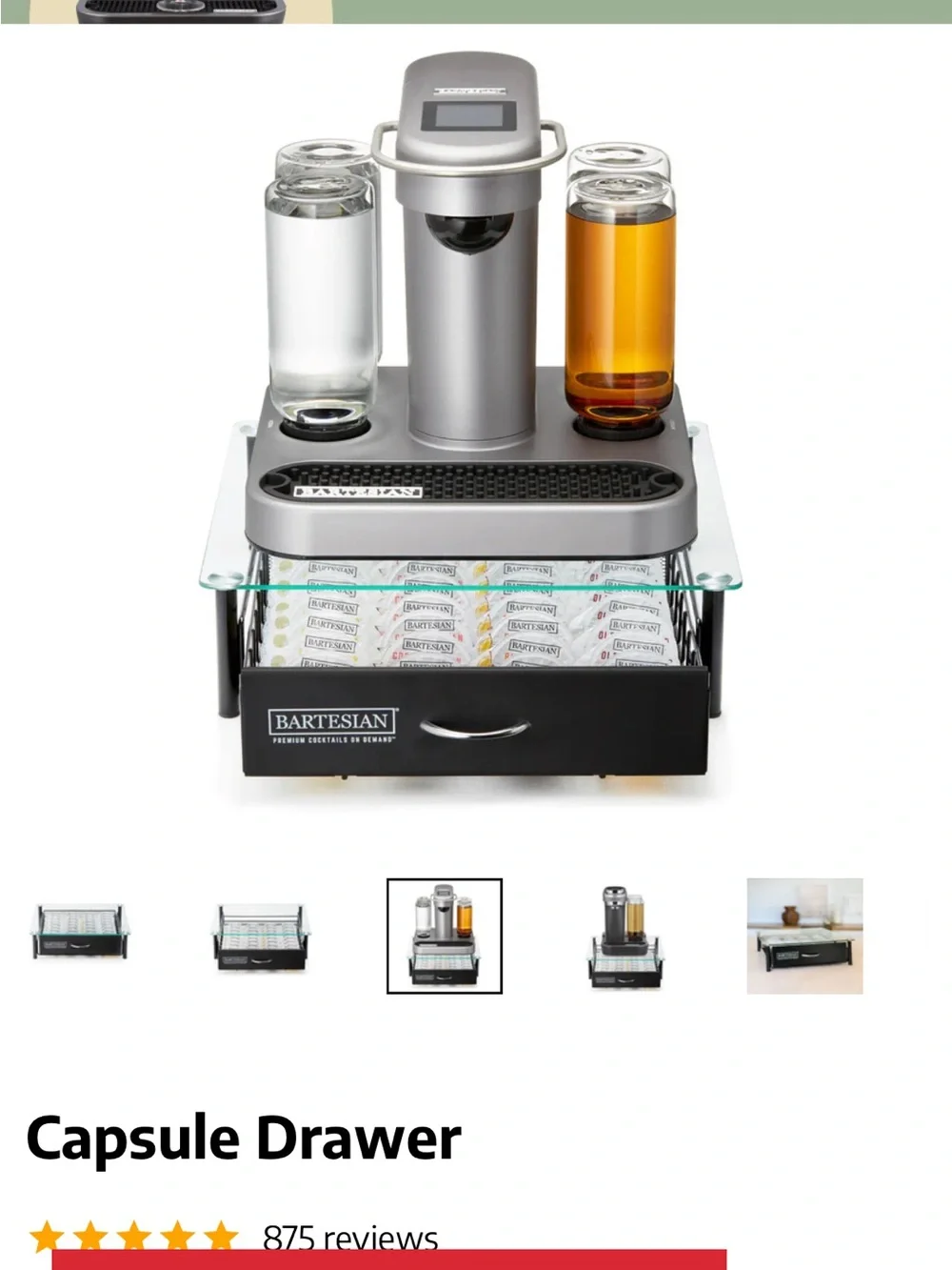 Bartesian Cocktail Machine, capsule storage drawer and pods- Metallic Brown
